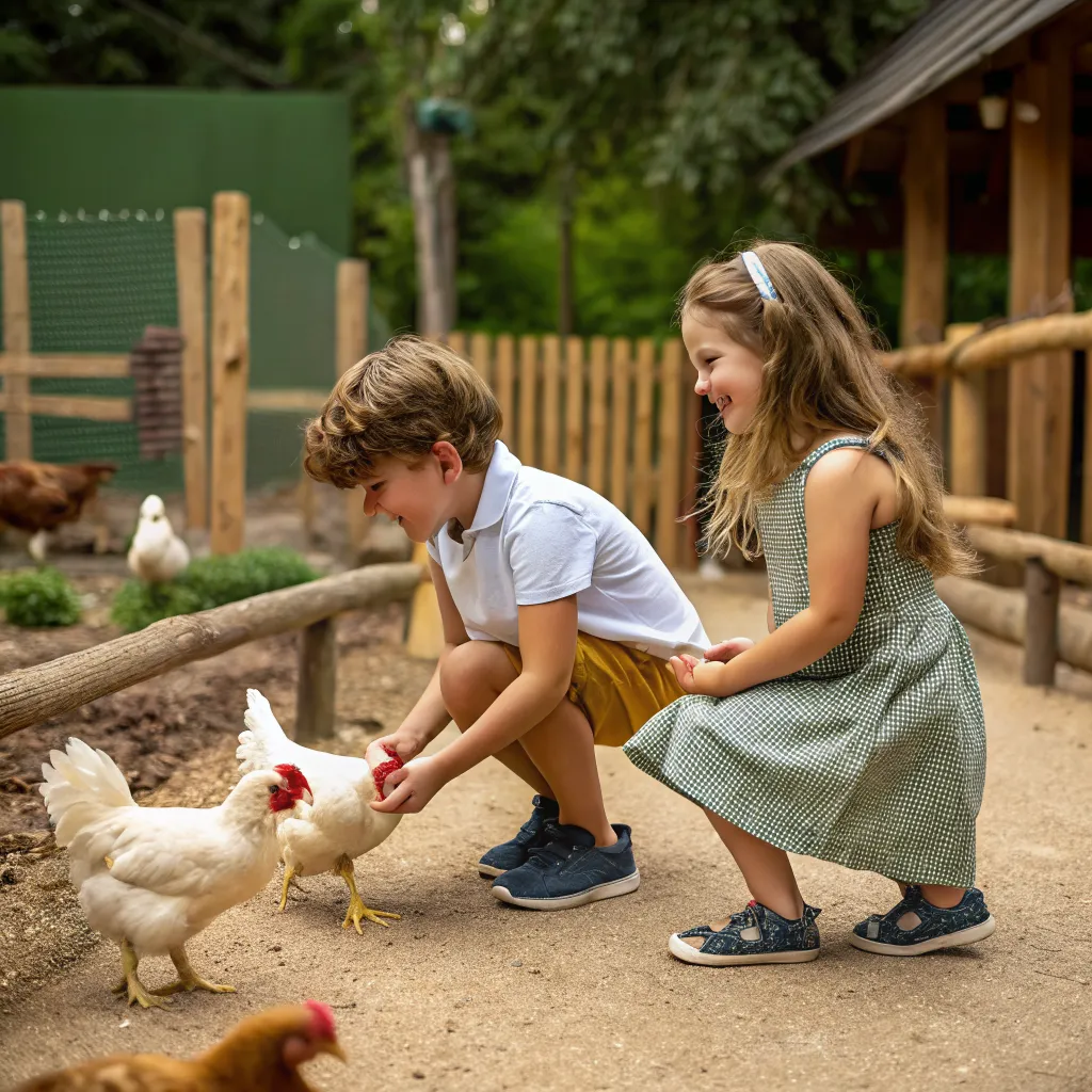 Children interacting with chickens at mini zoo